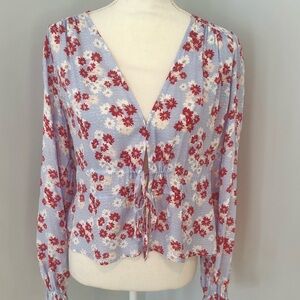 Floral V-Neck Women's Top - Blue and Red